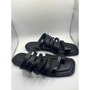 Donald Pliner Black Leather Croc Embossed Square Toe Flat Sandals Women's Size 7